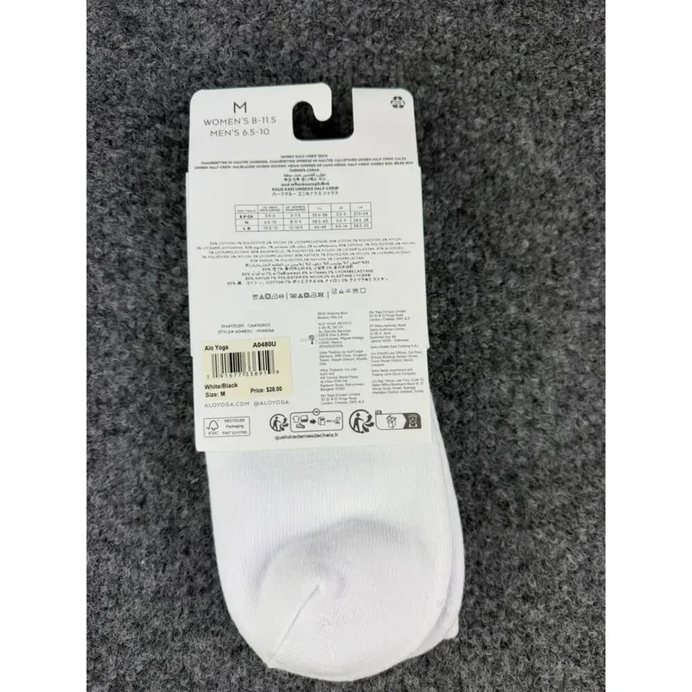 NWT Alo Yoga Unisex Half-Crew Socks – White/Black – Size M / W 8-11.5 / M 6.5-10